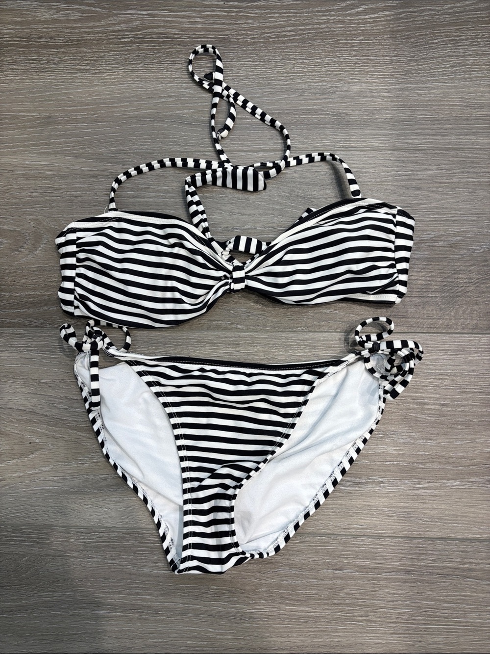 Old Navy Black and White Striped Bandeau Bikini Set with Halter Strap
